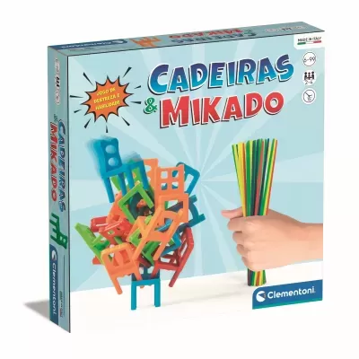 Embalagem do jogo Cadeiras & Mikado com mini cadeiras coloridas e palitos multicoloridos