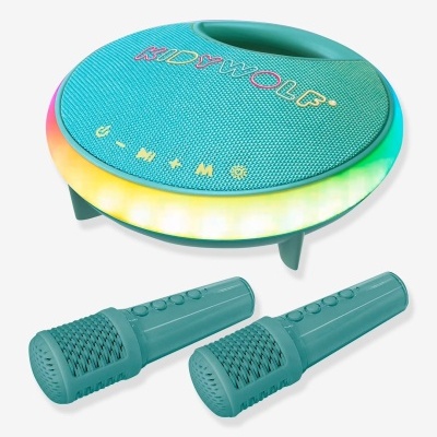 Coluna de som azul turquesa KIDSWOLF com luzes LED e dois microfones azuis