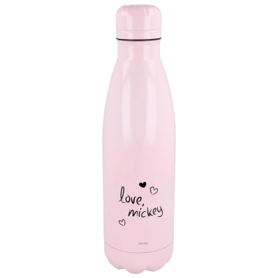 Garrafa térmica rosa com texto 'love, mickey' e pequenos corações