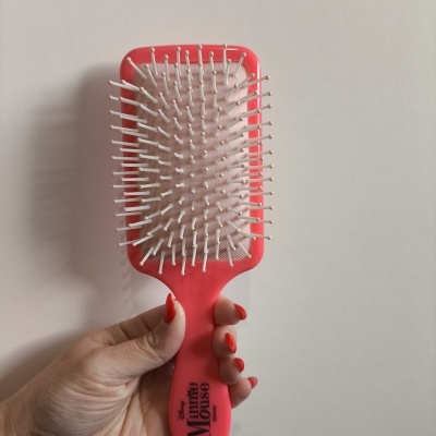 Escova de cabelo vermelha com cerdas brancas e marca The Monte HOUSE