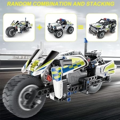 Brinquedos de construção veicular versáteis com cores branca, preta, azul e verde