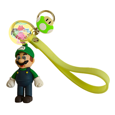 Porta-chaves com figura de Luigi, fita amarela e cogumelo verde e branco