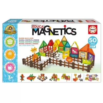 Jogo educativo Educa Magnetics com peças magnéticas coloridas para construir e personagens de animais.
