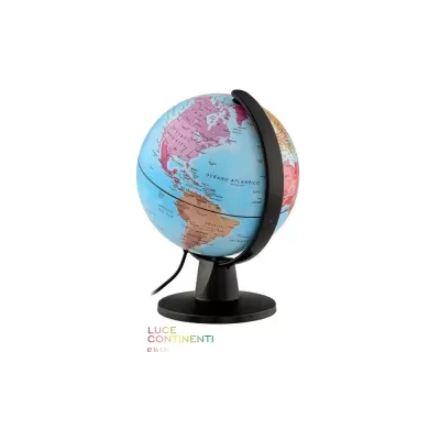 Globo terrestre azul com suporte preto e texto LUCE CONTINENTI Ø16 CM