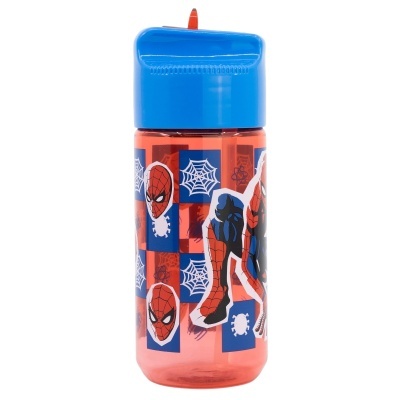 Garrafa de água Homem-Aranha com tampa azul e decoração em vermelho e azul