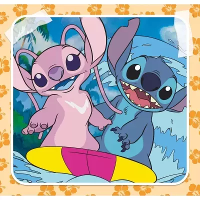 Ilustração de personagens cor-de-rosa e azul com prancha de surf amarela e rosa e fundo floral laranja
