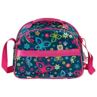 Bolsa azul escura com padrão floral colorido e alças rosa