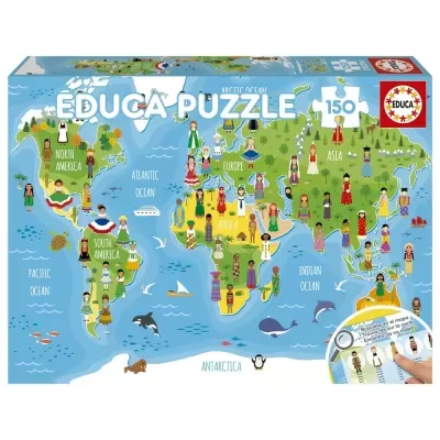 caixa de puzzle mapa-múndi colorido com 150 peças e figuras humanas em trajes tradicionais