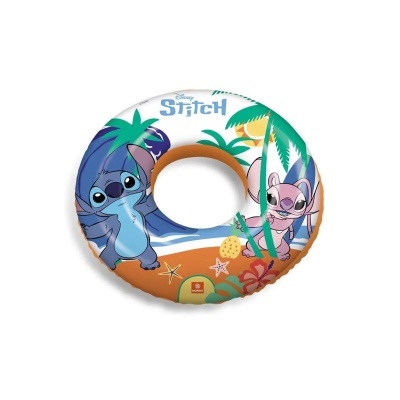 Boia redonda com personagens Stitch e Angel em fundo de praia
