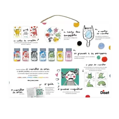 Kit educacional O monstro de cores com frascos coloridos, cartas, espelho e acessórios para emoções.