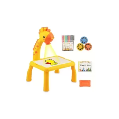 Mesa de desenho infantil amarela com girafa e acessórios de arte