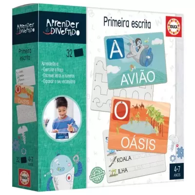 Caixa de jogo educativo Primeira escrita para crianças 4-7 anos com ilustrações e texto em português