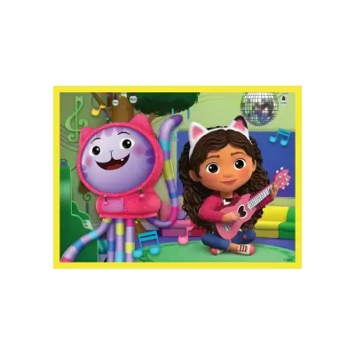 Cena animada de menina com orelhas de gato tocando ukulele ao lado de gato lilás com capuz rosa em ambiente musical colorido.