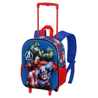 Mochila de carrinho azul e vermelho com estampa dos Avengers