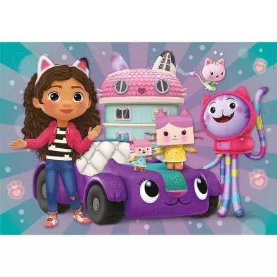 Personagens animados incluindo rapariga com orelhas de gato, carro roxo, figuras de gatos e edifício colorido