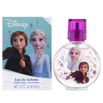 Frasco e embalagem de perfume Disney Frozen com personagens Anna e Elsa