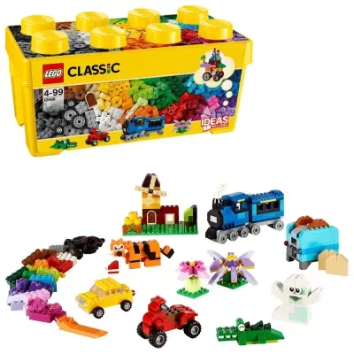 Caixa de LEGO Classic com peças e modelos de brinquedo montados
