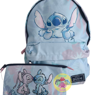Mochila e estojo azul claro com personagens Stitch da Disney