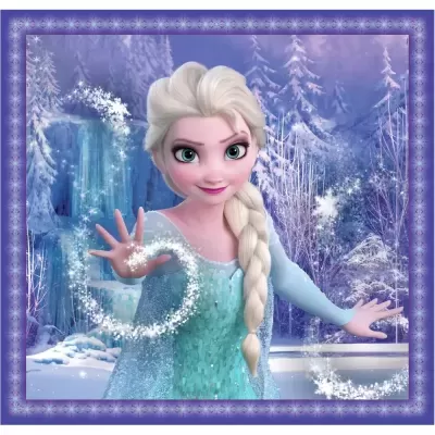 Personagem animada loira com vestido azul e feitiços de gelo em cenário de inverno com moldura roxa