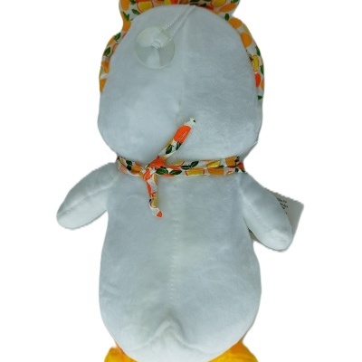 Peluche de pato branco com lenço e crista com padrão de laranjas