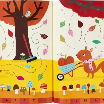 Livro infantil com ilustrações de outono, raposa, urso, árvores, folhas e cogumelos