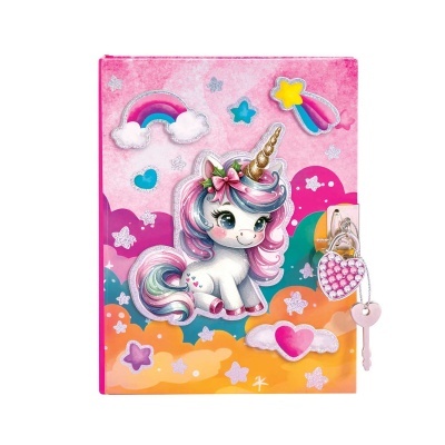Caderno rosa com unicórnio colorido e cadeado com chave