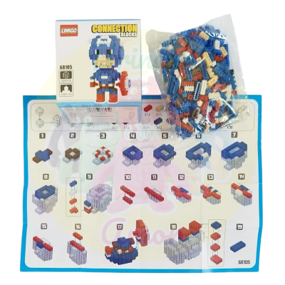 Conjunto de construção com peças azuis, brancas, vermelhas e castanhas, caixa Linkgo Connection Blocks, modelo 68105 e manual de montagem