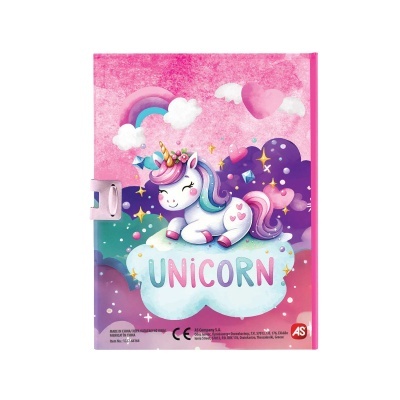 Caderno rosa e lilás com unicórnio e texto UNICORN