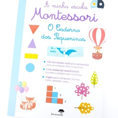 Capa de livro Montessori com ilustrações e texto colorido.