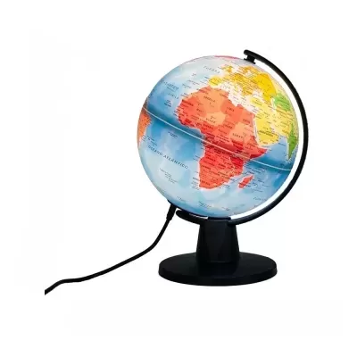 Globo terrestre colorido com base preta e cabo ligado
