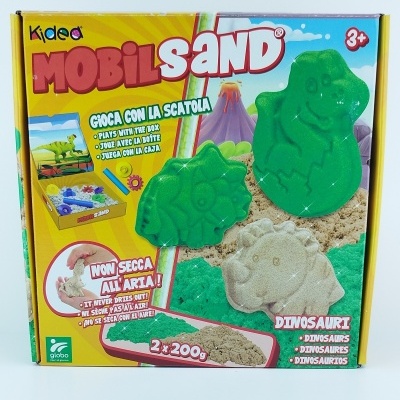 Caixa MOBIL SAND com moldes de dinossauros e areia colorida para brincar