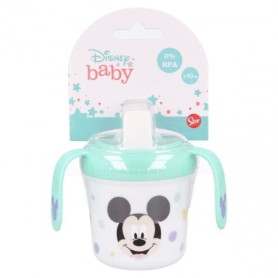 Copo infantil Disney baby com bico, pegas verdes e desenho do Mickey Mouse.