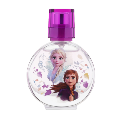 Frasco de perfume transparente com tampa roxa e imagem de personagens de Frozen