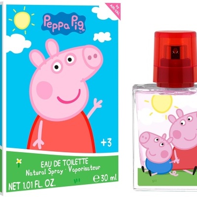 Perfume infantil Eau de Toilette Peppa Pig com embalagem e frasco coloridos.