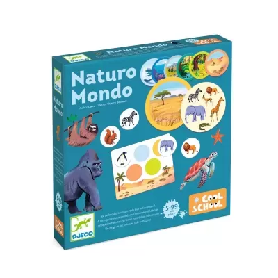 Embalagem azul do jogo Naturo Mondo com ilustrações de animais e natureza