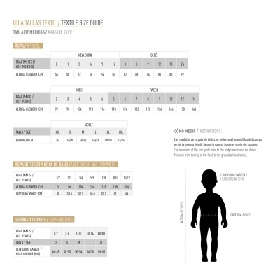 Guia de tamanhos têxtil com tabelas de medidas para várias idades