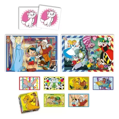 Jogo de memória com imagens de personagens da Disney em cartas coloridas e caixa quadrada.