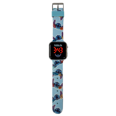Relógio digital infantil azul com estampa Stitch no bracelete