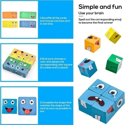 Cubos coloridos com rostos expressivos e instruções do jogo em inglês