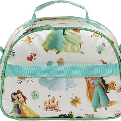Mala pequena azul clara com estampas de princesas da Disney em fundo branco