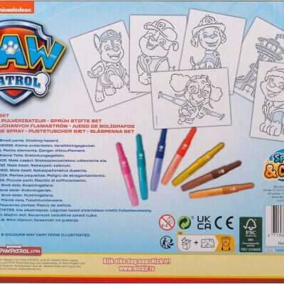 Conjunto de spray para pintar Paw Patrol com marcadores coloridos e desenhos a preto e branco