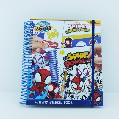 Livro de atividades Homem-Aranha com capa colorida e elástico azul