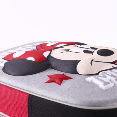 Mala infantil com estampa da Minnie Mouse em tecido cinzento, vermelho e preto