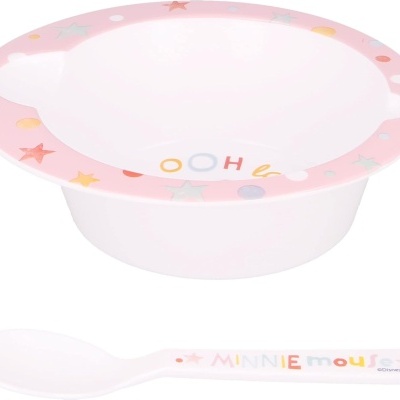 Tigela infantil branca com borda rosa decorada e colher branca com texto colorido