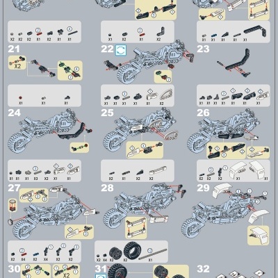 Instruções passo a passo para montagem de modelo mecânico com peças de construção tipo Lego