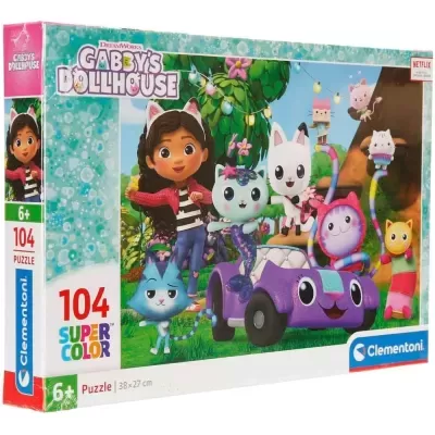 Caixa de puzzle Clementoni Gabbys Dollhouse com 104 peças para maiores de 6 anos.