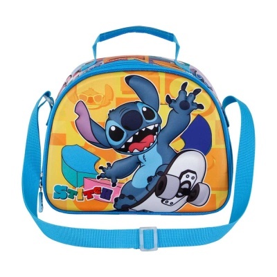 Mala infantil azul com estampa do Stitch a andar de skate