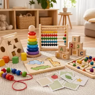 Brinquedos educativos de madeira coloridos em sala de estar