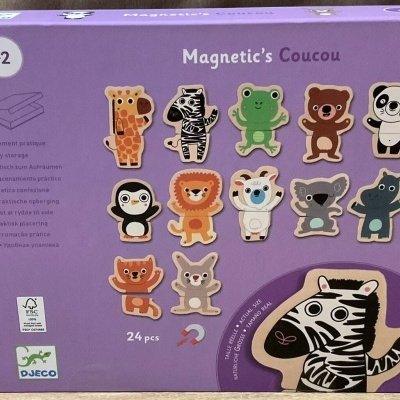 Embalagem lilás com conjunto magnético infantil de animais coloridos, 24 peças, marca DJECO.