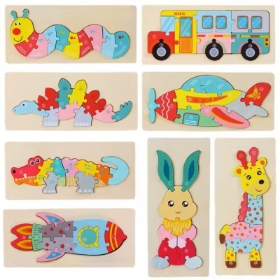Sete puzzles de madeira coloridos com temas de animais e transporte